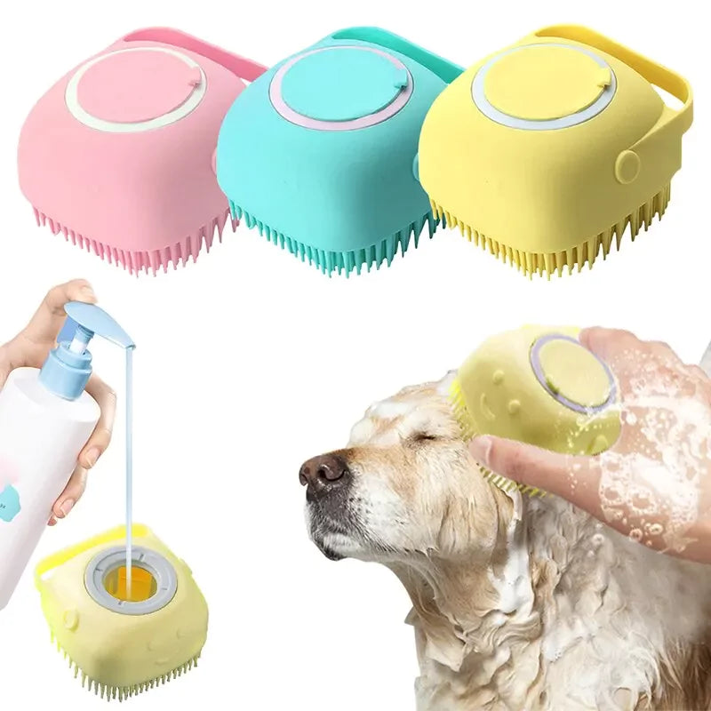 Escova de banho para Cachorro e Gato em Silicone com Reservatório para Água e Sabão